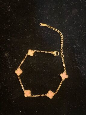 Gold Bracelet with Pink Mini Clover Accents - Women's Jewelry